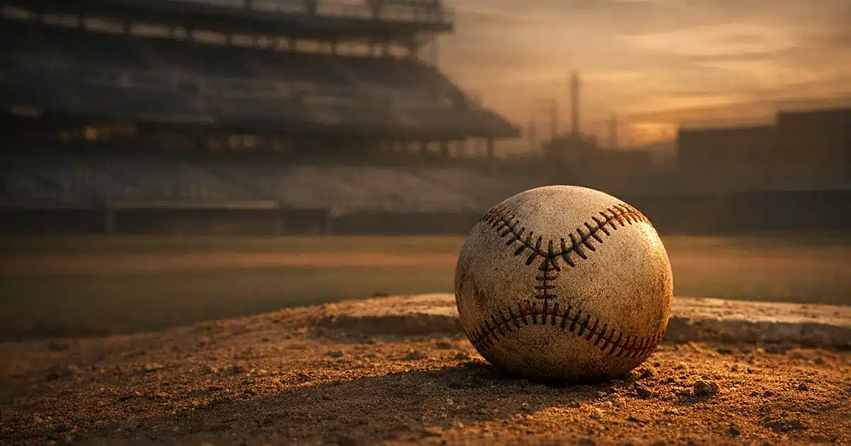 Baseball with surgical suture pattern on pitcher's mound in empty stadium at dusk