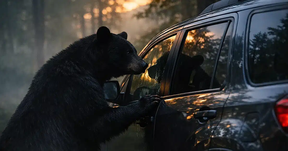 Black bear silhouette looking into parked SUV window at forest edge during dusk in mountain setting