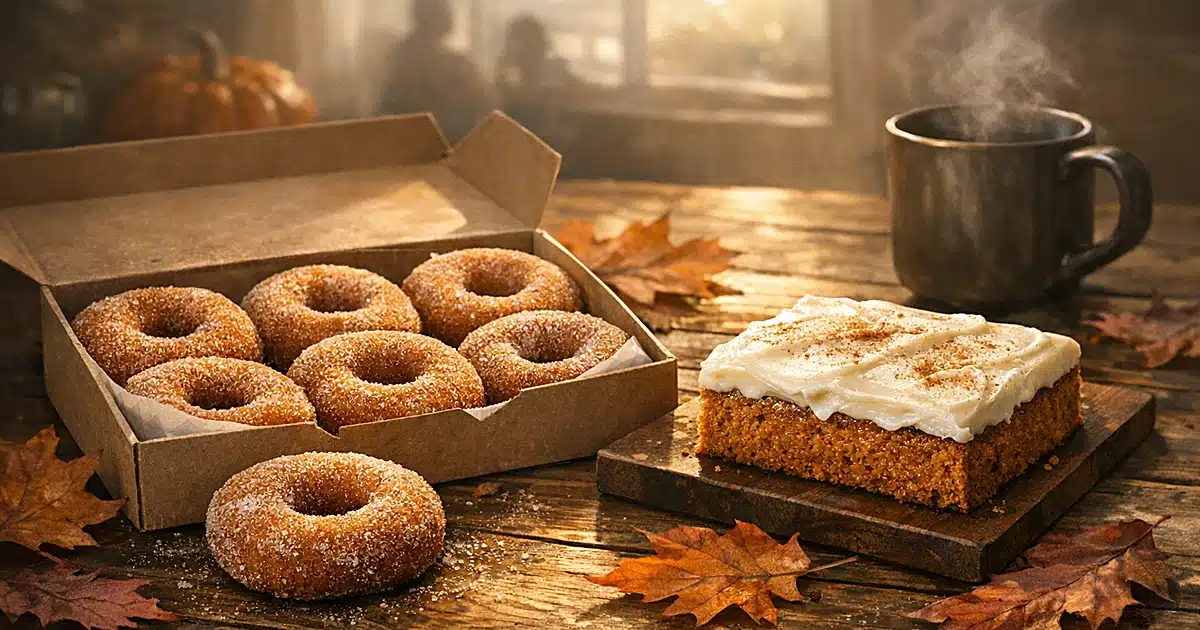 Apple cider donuts and pumpkin spice cake on wooden table with autumn leaves and morning sunlight