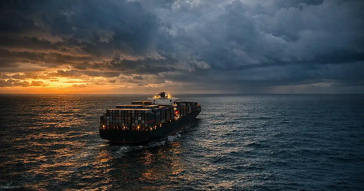 Container ship isolated in dark ocean waters at dusk with storm clouds gathering overhead