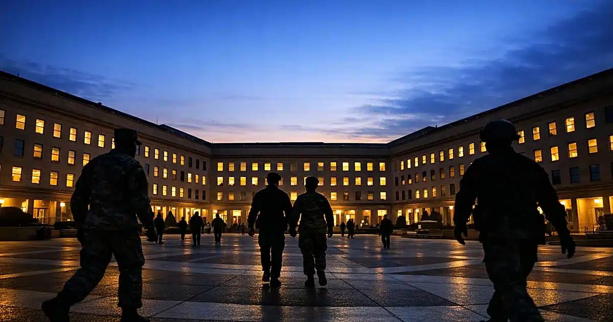 Silhouetted military personnel walking across Pentagon courtyard at dusk with illuminated windows in background