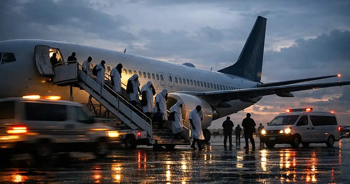Commercial aircraft on tarmac at dusk with silhouetted passengers descending stairs in rain
