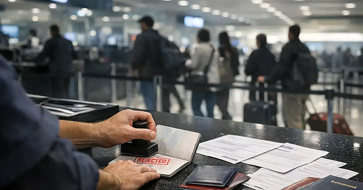 Customs officer stamping passport with rejection mark at airport immigration control desk with travelers in background