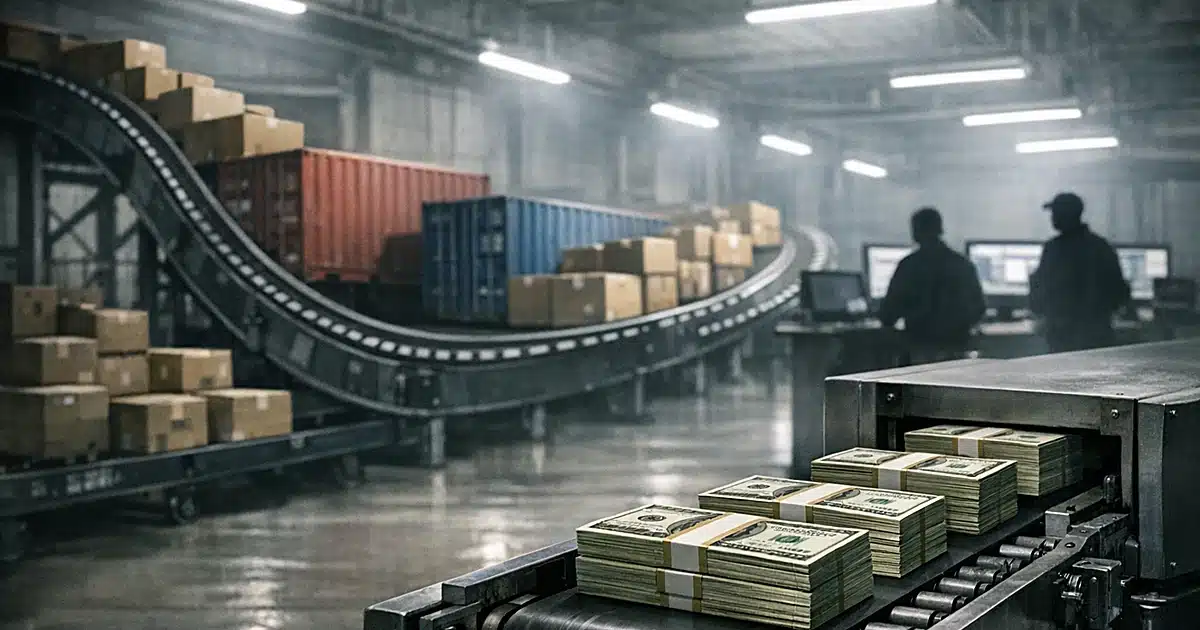 Shipping containers on conveyor belt moving backward through warehouse with currency bundles emerging from machinery