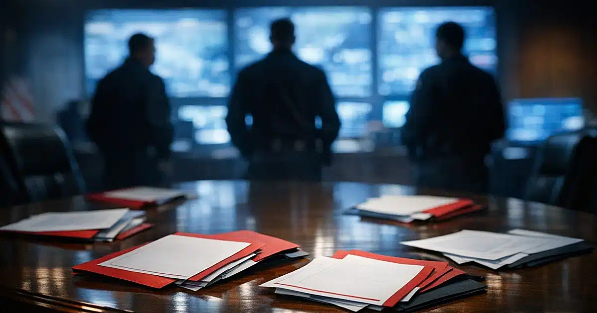 Classified document folders on briefing room table with silhouetted figures examining screens in background