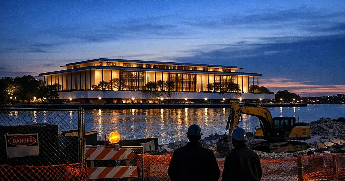 Kennedy Center performing arts building at dusk with construction barriers visible in foreground