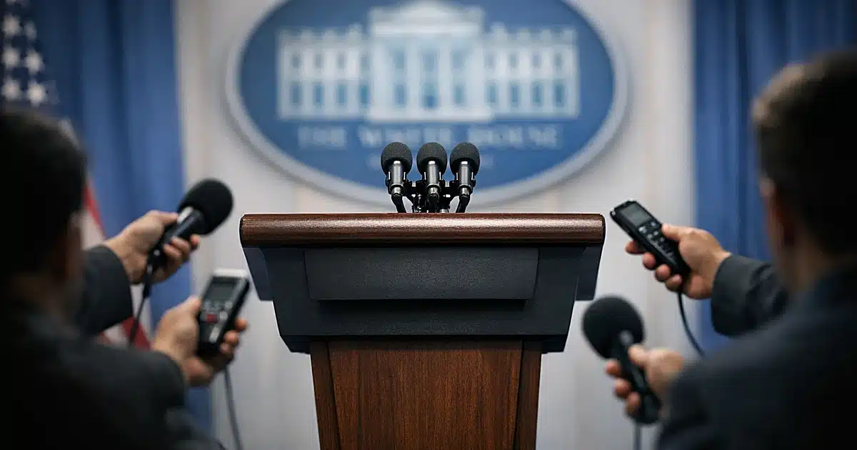 White House press briefing room podium with microphones, reporters' silhouettes reaching forward from behind
