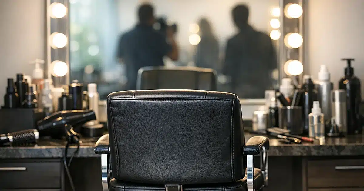 Professional salon styling chair with grooming tools and illuminated mirror in upscale hair salon