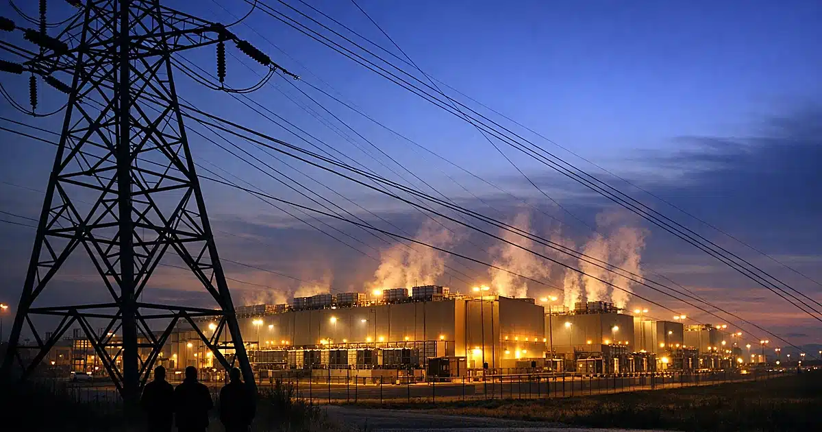 Large data center facility at dusk with prominent electrical transmission towers and power infrastructure in foreground