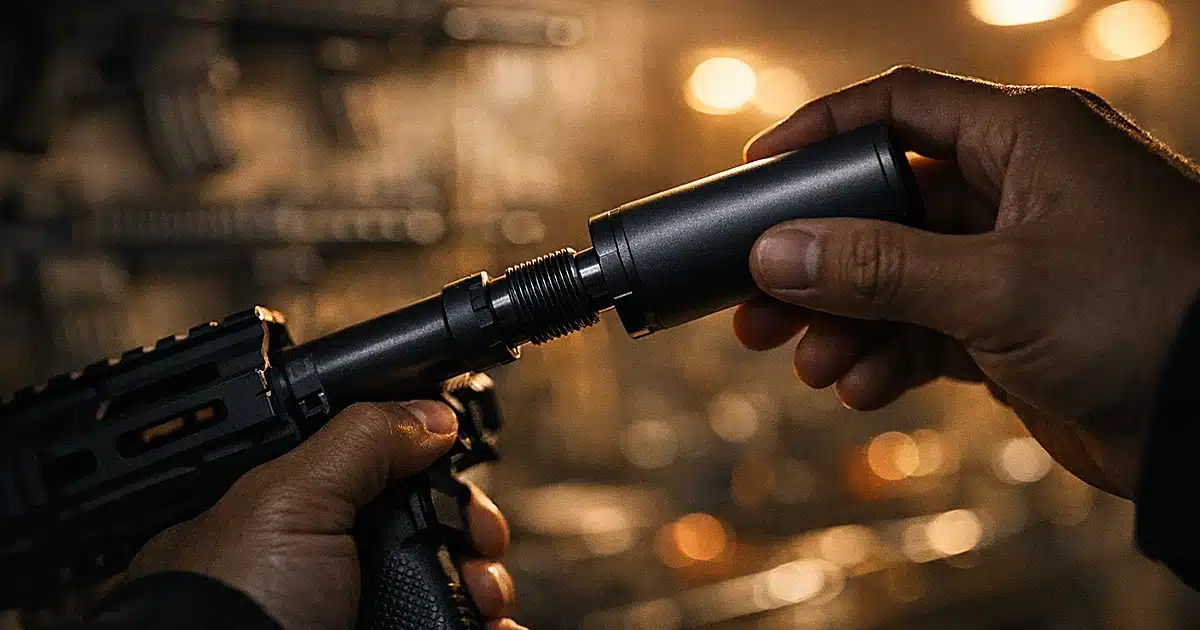 Firearm suppressor being installed on rifle barrel in gun shop with dramatic lighting and shallow depth of field