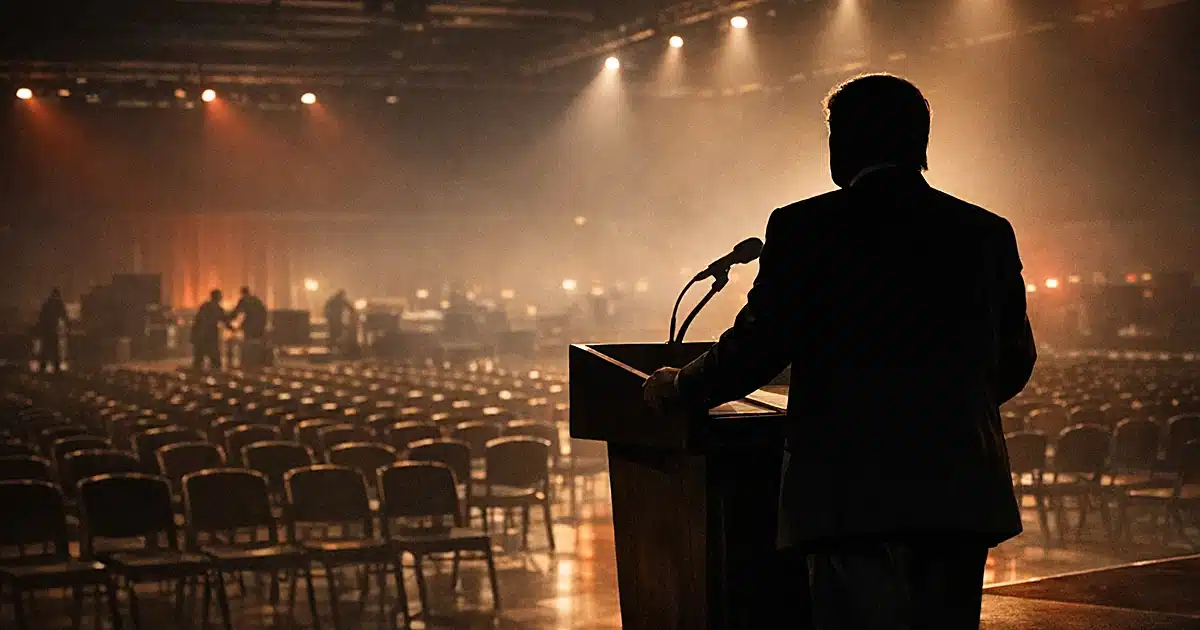Silhouetted figure at podium on stage in large Texas venue with dramatic lighting and empty chairs