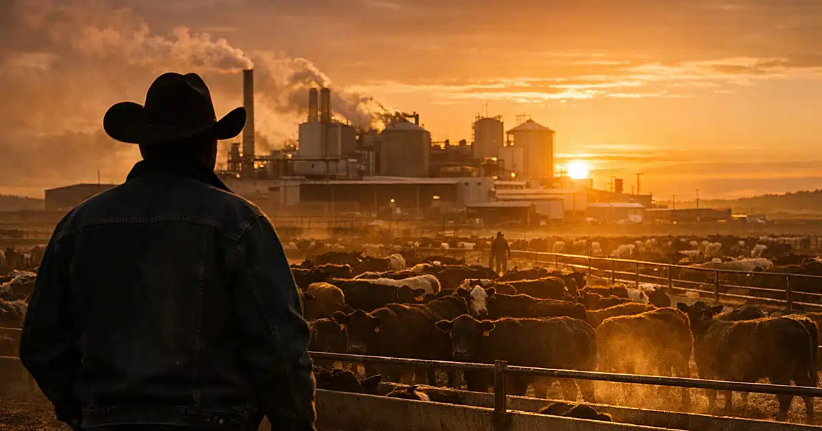 Rancher silhouette overlooking cattle feedlot with large industrial meat processing facility in background at sunset