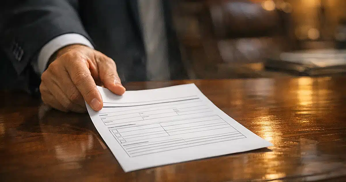 Hand sliding security clearance paperwork across wooden desk in executive office with dramatic window lighting