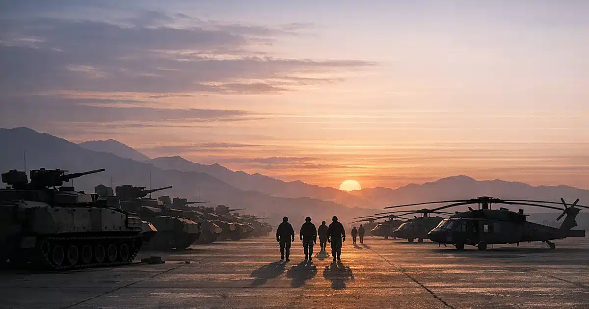Empty military vehicles and helicopters on training ground with distant silhouettes of departing soldiers at dusk