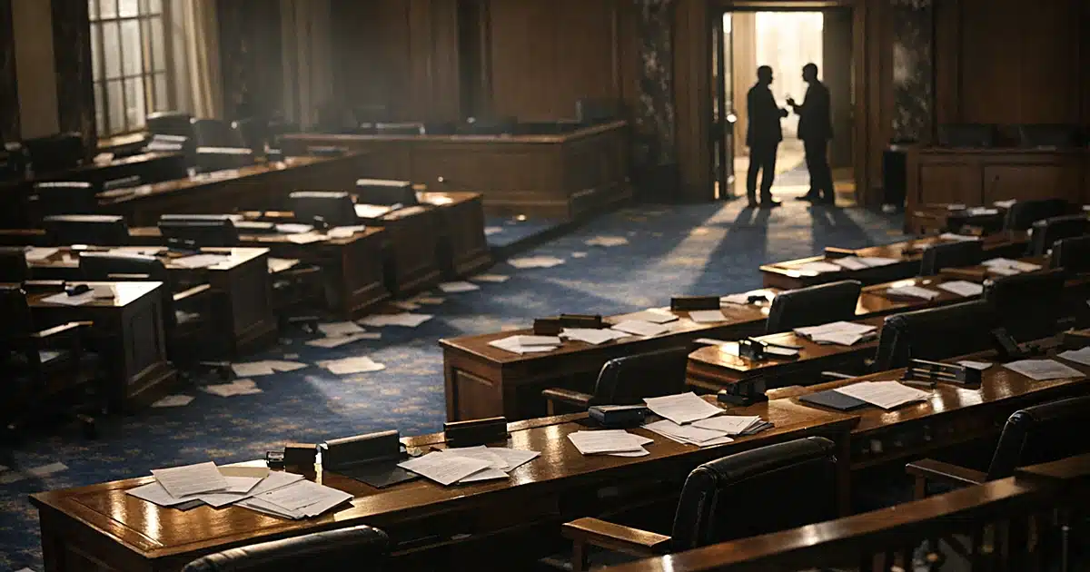 Empty legislative chamber with scattered papers on desks and silhouetted figures in background discussion