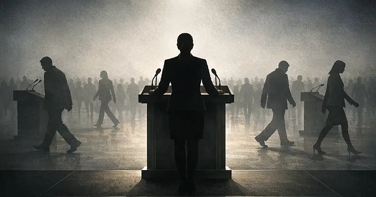 Silhouetted speaker at podium facing crowd while other figures walk away from their podiums in shadows