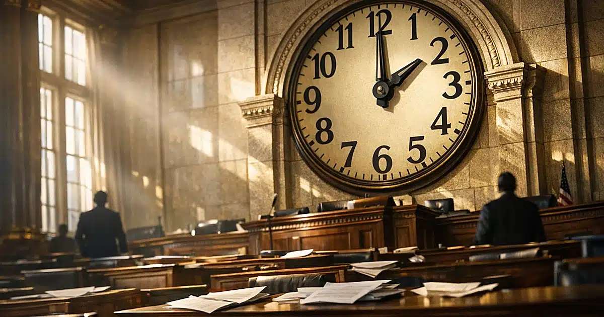 Large wall clock in empty legislative chamber with afternoon sunlight streaming through tall windows