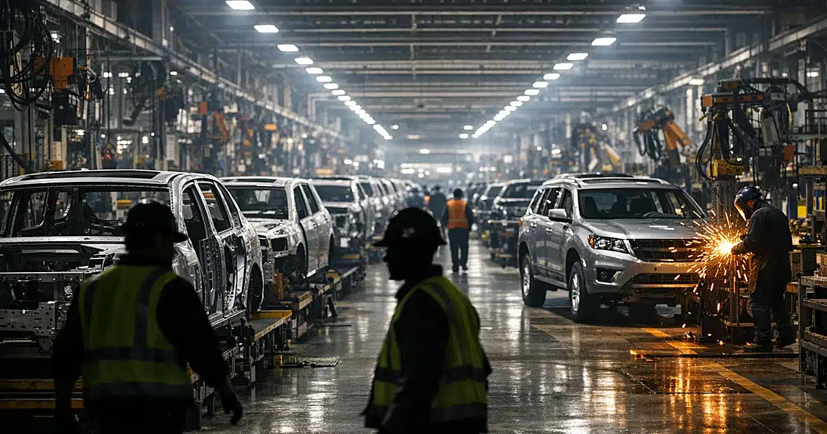 Automotive manufacturing plant floor with vehicle chassis and silhouetted workers under industrial lighting