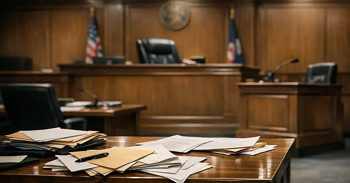 Empty federal courtroom with judge's bench and scattered documents on prosecutor's table in disarray