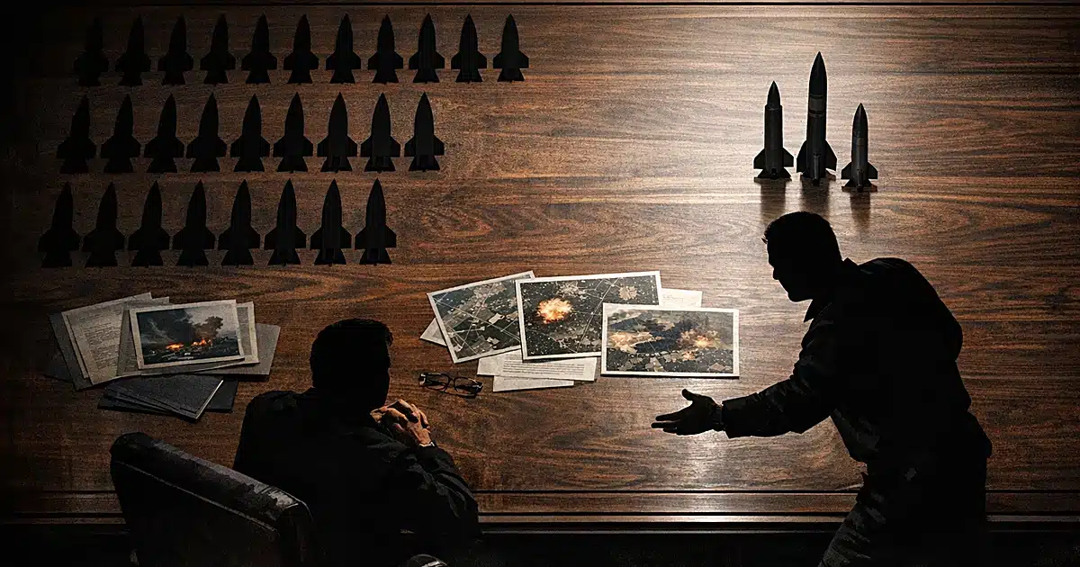 Conference table with missile diagrams and silhouettes showing depleted stockpiles, two figures in tense discussion