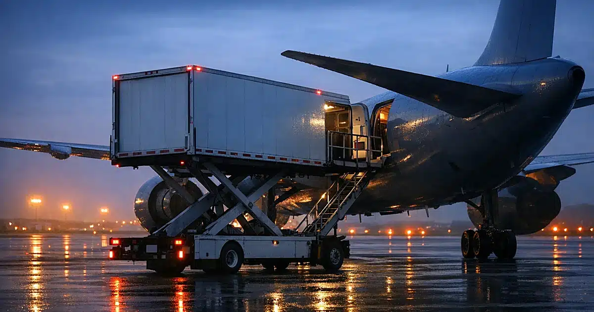 Airport catering truck with raised platform docked at military aircraft door on wet tarmac at dusk