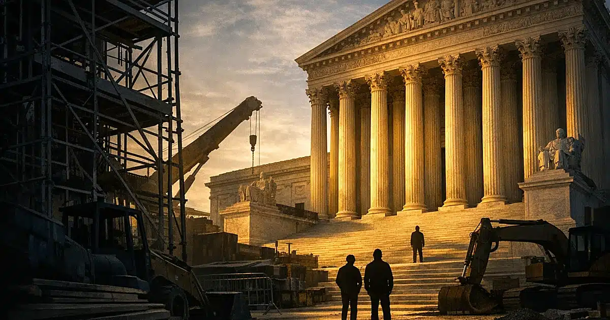 Supreme Court columns tower above construction scaffolding and equipment in dramatic lighting