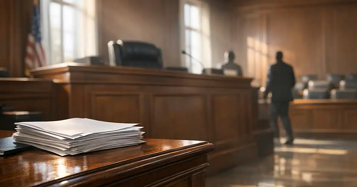 Empty federal courtroom with judge's bench and morning light streaming through windows