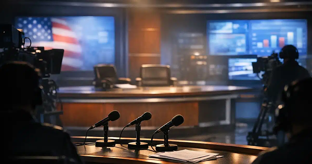 Television studio broadcast desk with microphones and silhouetted camera operators in professional news set