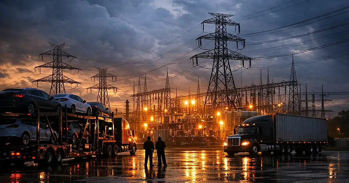 Power transmission station with automotive transport trucks parked beneath high-voltage electrical infrastructure