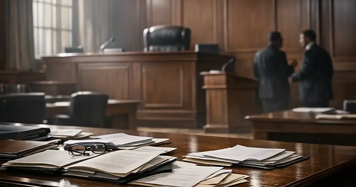 Empty courtroom with judge's bench, scattered legal documents on defense table, dramatic window lighting