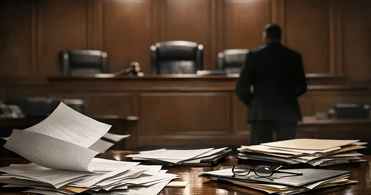 Empty courtroom bench with scattered legal documents on table in foreground, dramatic overhead lighting