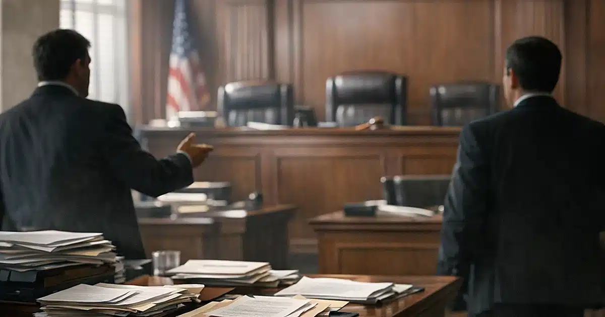 Federal courtroom interior with silhouetted attorneys at tables before empty judicial bench with scattered legal documents