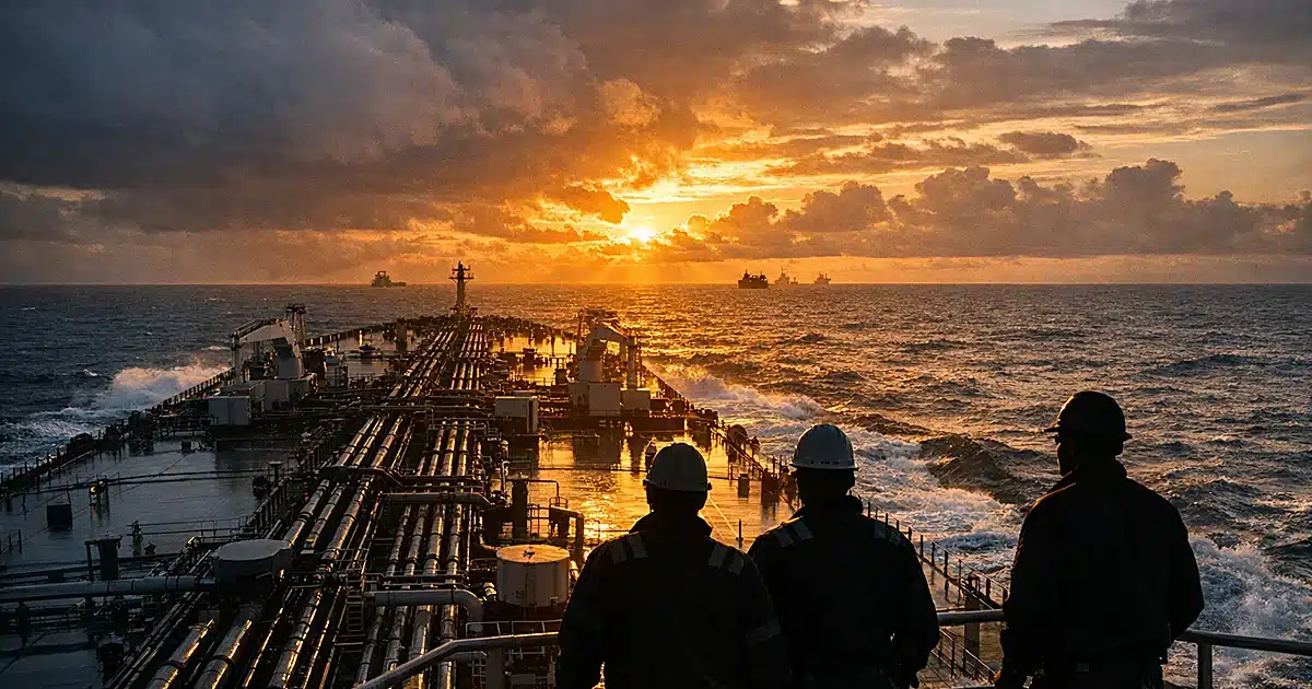 Large oil tanker ship navigating ocean waters at dusk with extensive pipeline infrastructure visible on deck