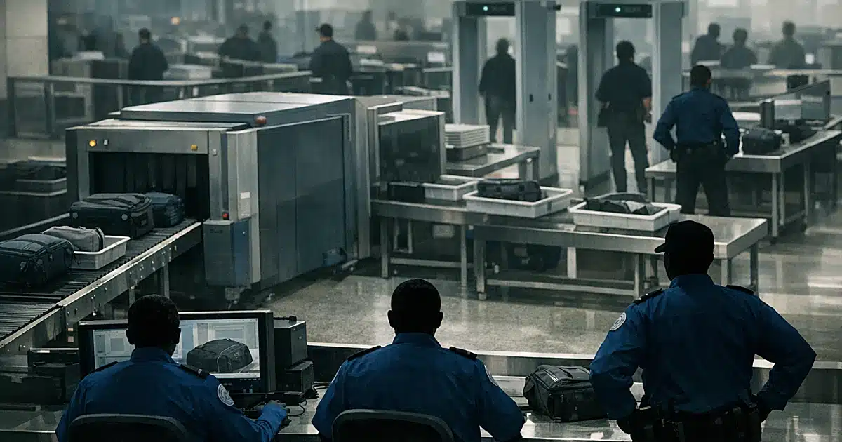 TSA security checkpoint with federal screeners at scanning stations and luggage on conveyor belts