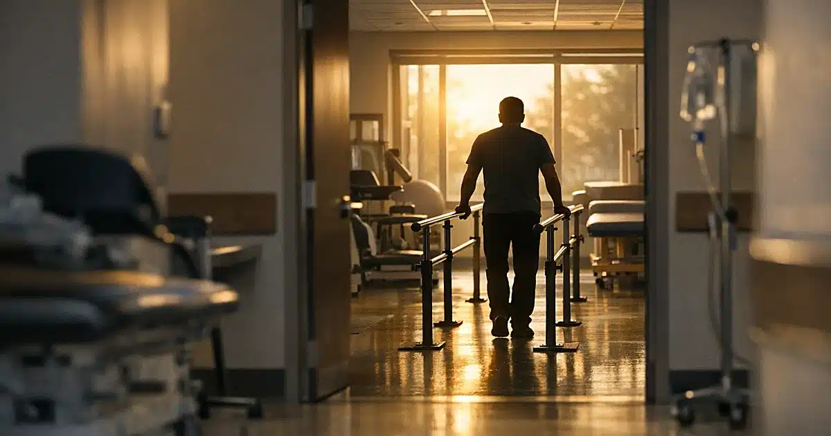Hospital rehabilitation room with parallel bars and silhouetted figure in physical therapy at dawn