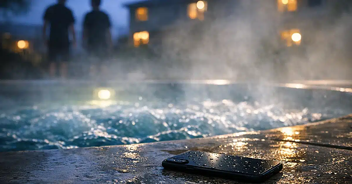 Smartphone lying on wet concrete beside bubbling jacuzzi at dusk with apartment buildings in background