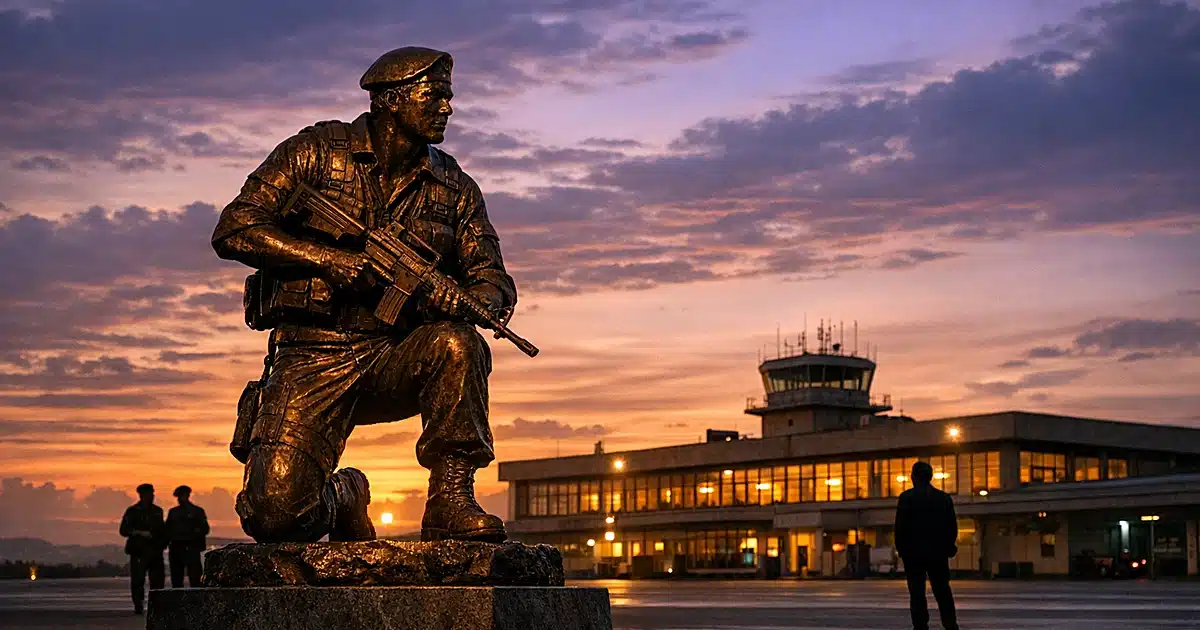 Bronze military statue on airport tarmac at dusk with vintage terminal building in background