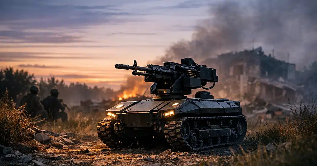 Unmanned ground combat vehicle with mounted weapon system positioned in field terrain at dusk