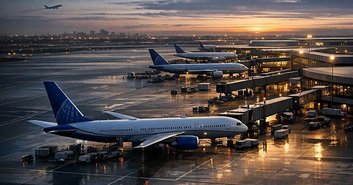 Overhead view of multiple commercial aircraft parked at airport gates during golden hour with long shadows on tarmac