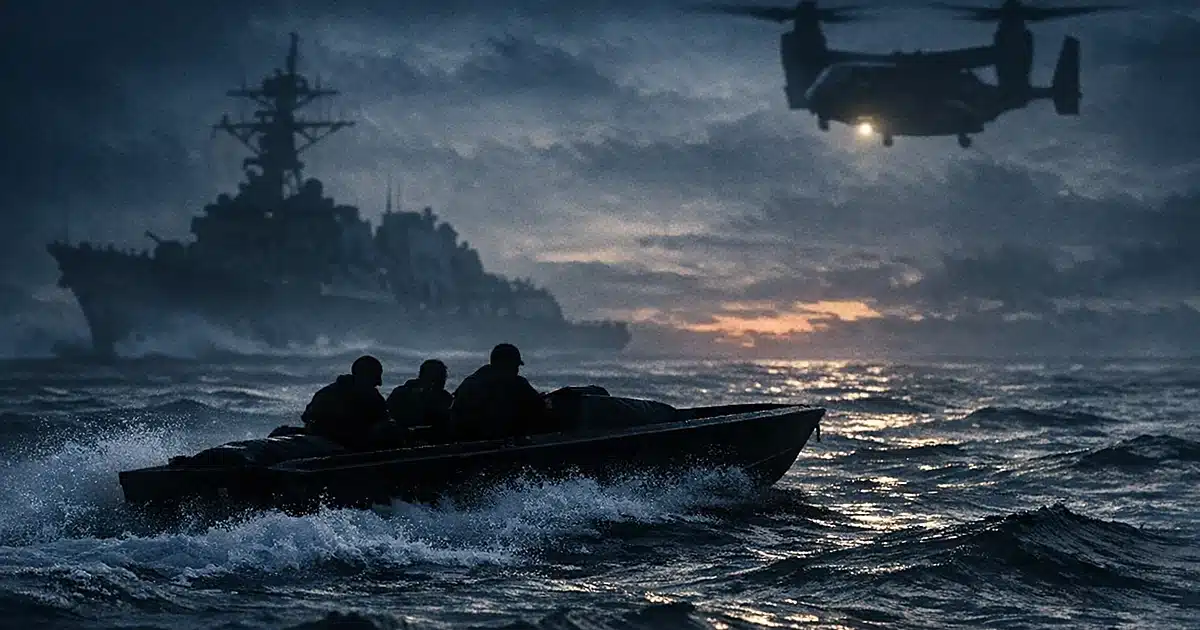 Silhouette of small boat on ocean waters with military vessel shadow looming in background at dusk