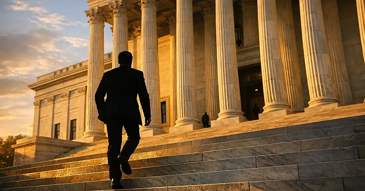 Silhouetted figure ascending marble steps toward columned government building entrance at sunset