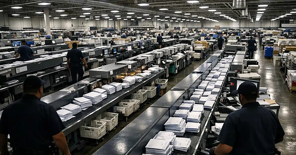 Industrial postal sorting facility with conveyor belts processing mail envelopes and silhouetted workers