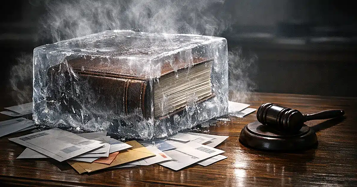 A thick bound document frozen in a block of ice on a desk, surrounded by mail envelopes with a gavel nearby