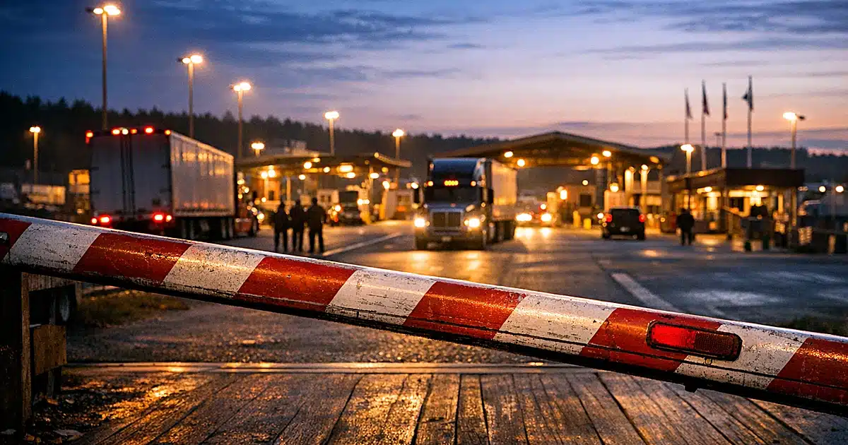 Border crossing gate and commercial truck lanes at dusk with security lights glowing in distance