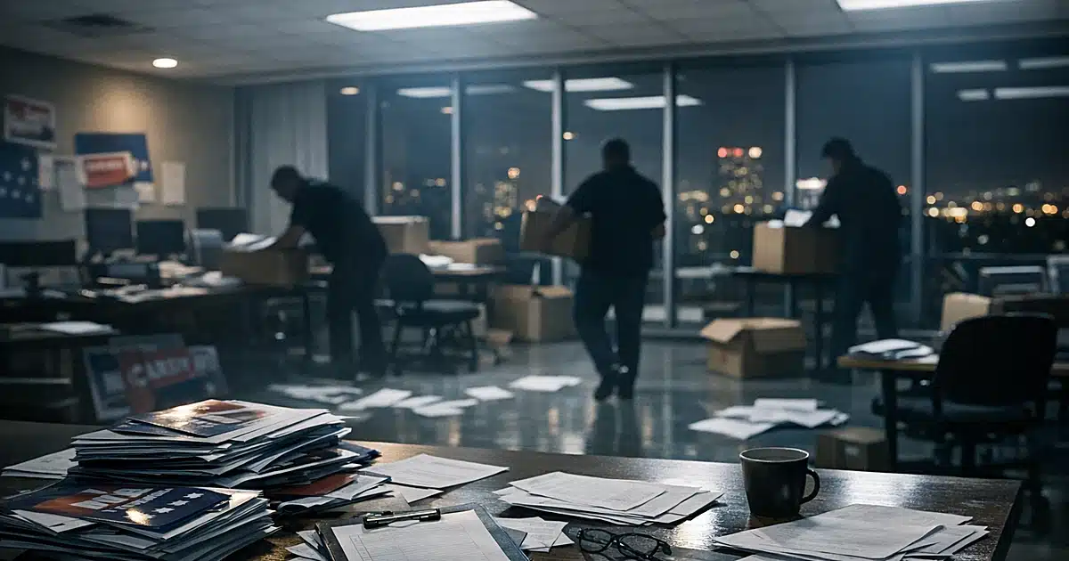 Empty campaign office at night with scattered materials and silhouetted workers packing boxes