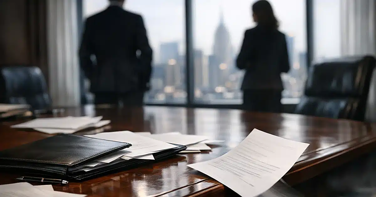 Law firm conference table with scattered documents and leather portfolio in dramatic window lighting
