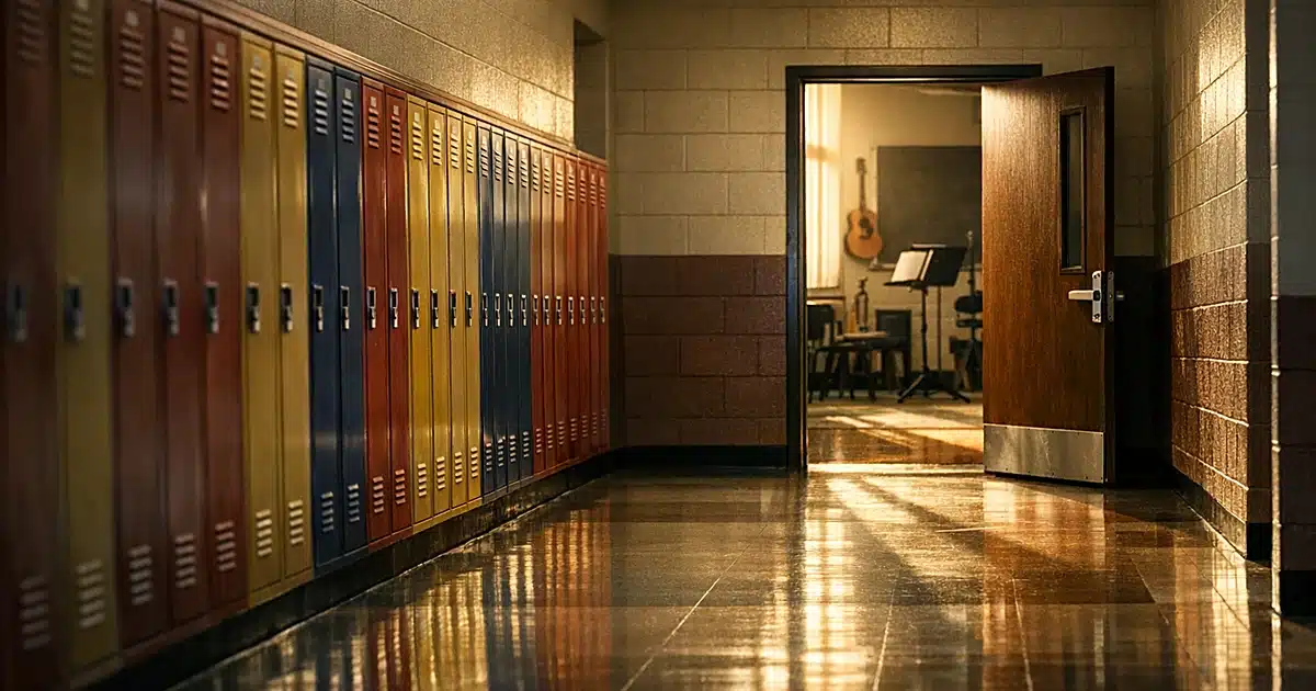 Empty elementary school hallway with colorful lockers and music classroom door at the end of corridor