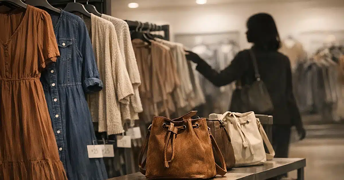 Retail clothing aisle with earth-toned bohemian apparel and price tags under $25, silhouetted shopper browsing