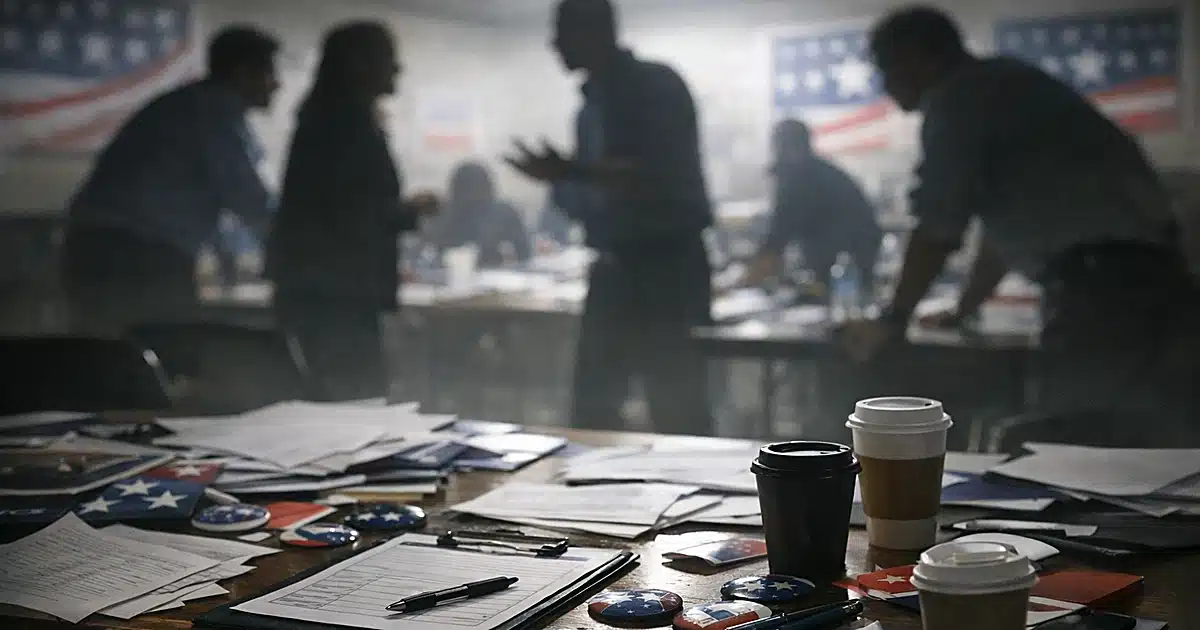 Campaign office table with scattered materials and silhouetted workers in background during tense primary night