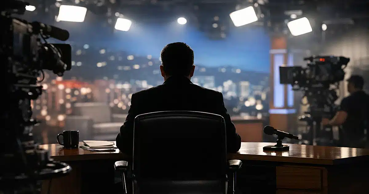 Silhouetted figure in television studio host chair surrounded by broadcast equipment and studio lights